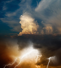 Bright lightning in dark stormy sky, weather forecast concept