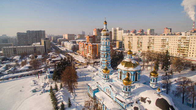 Aerial view of Church Nativity Blessed Virgin Russia Ufa 17 february 2017