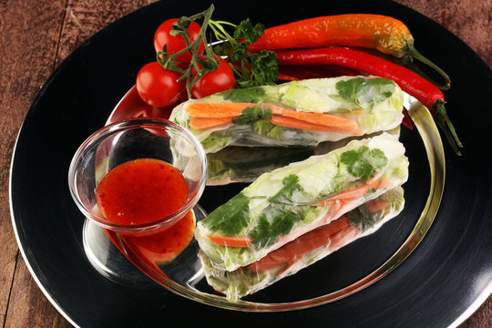 Vietnamese Salad spring roll, summer roll with vegetables, lettuce and rice noodles