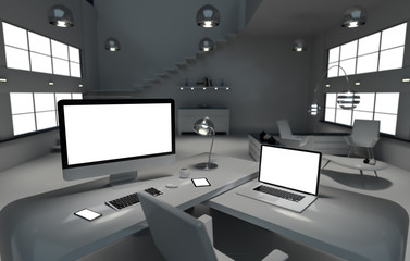 Modern dark desk office interior with computer and devices 3D rendering