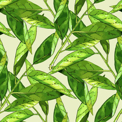 Hand drawn branch with green leaves seamless pattern