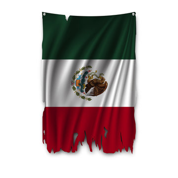 Torn by the wind national flag of Mexico. Ragged. The wavy fabric on white background. Realistic vector illustration.