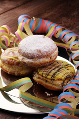 Close up Tasty Sugared Round Berliner Donuts. Carnival for Desse