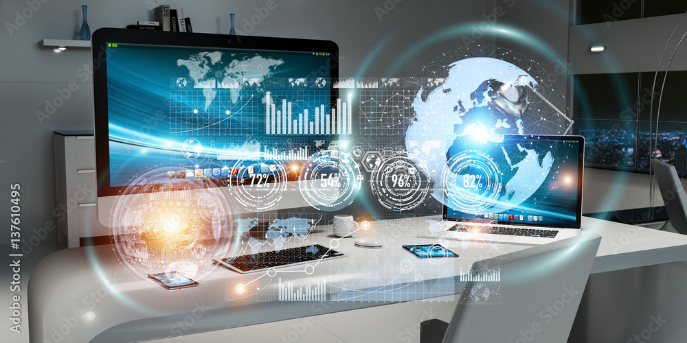 Poster workplace with modern devices and hologram screens 3d rendering