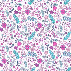 Fototapeta na wymiar Awesome floral pattern go bright flowers, plants, branches, berries and hearts