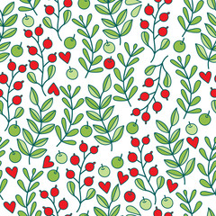 Seamless spring pattern with red and green berries and twig with leaves
