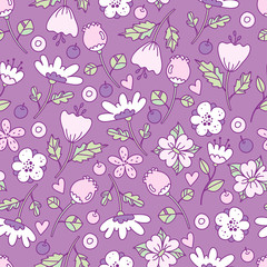 Hand drawn floral pattern with bright flowers, plants, branches and berries.