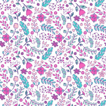 Awesome floral pattern go bright flowers, plants, branches, berries and hearts