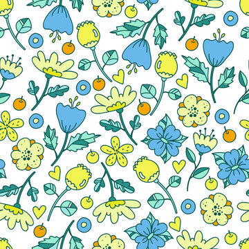 Awesome floral pattern with bright flowers, plants, branches and berries.