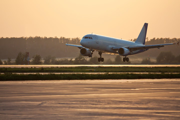 Plane is landing at sunset. Passenger commercial air transportation. Mid-range aircraft. Spotting...