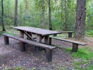 The wooden benches and the wooden table in a forest