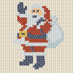 A cross stitch pattern of Santa Claus waving with a white sac over his shoulder on cross-stich...
