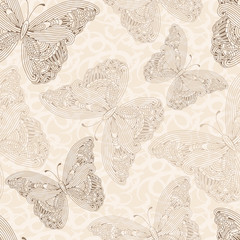 Seamless pattern with flying butterflies, hand-drawing. Vector illustration. Elegant background