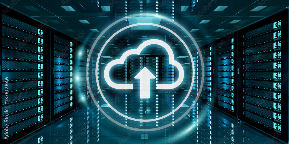 Poster server room data center with cloud blue icon 3d rendering