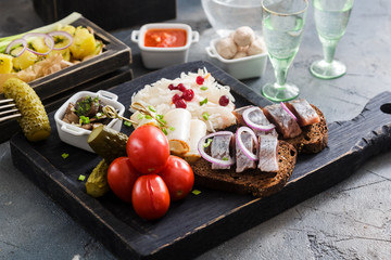 Assorted pickled vegetables - Sauerkraut cabbage, cucumbers, tomatoes, mushrooms with vodka