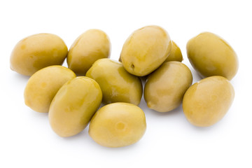 Green big olives on the white background.