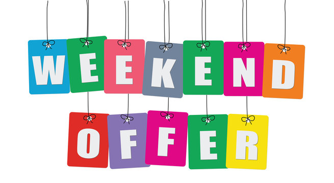 Cardboard hanging - vector colorful. Tags - weekend offer.