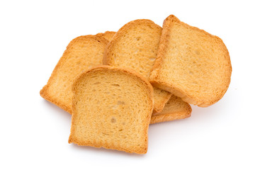 Slices of toast bread on wooden table, top view.