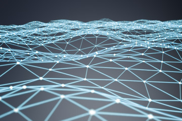 Floating white and blue glowing dot network 3D rendering