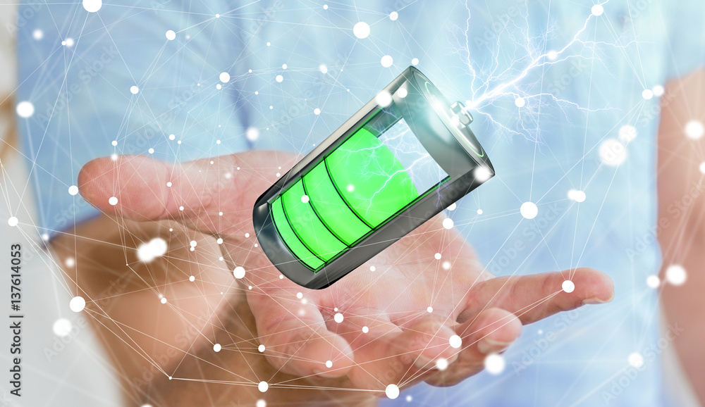 Aufkleber man holding 3d render battery with lightning in his hand