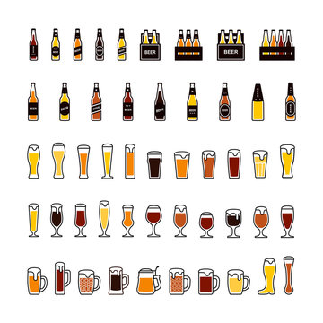 Beer bottles and glasses color icons set. Vector