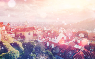 beautiful houses Czech Republic. Photo greeting card. Bokeh ligh