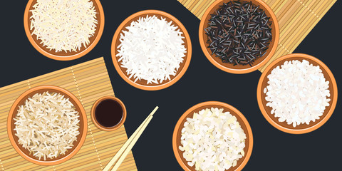 Different types of rice in ceramic bowls. Basmati, wild, jasmine, long brown, arborio, sushi. chopsticks. Kitchen bamboo mat