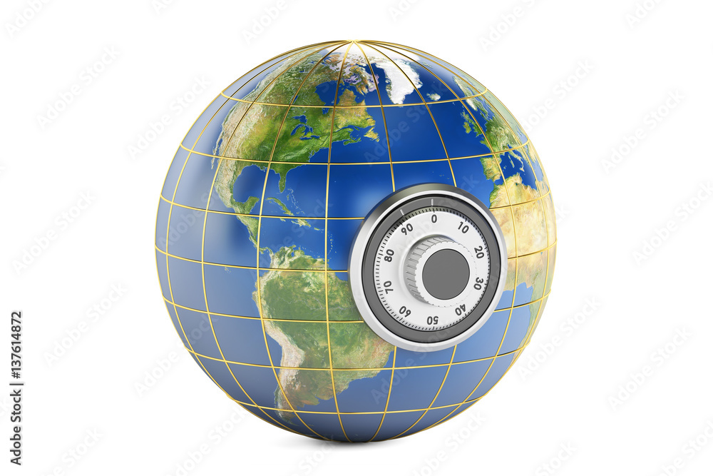 Poster earth with safe dial padlock, protect concept. 3d rendering