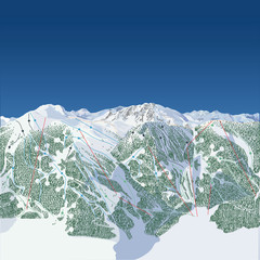 Fototapeta West coast of North America ski map. When folded in vertial quarters, the two outside pieces form a snowflake pattern with the tree line. obraz