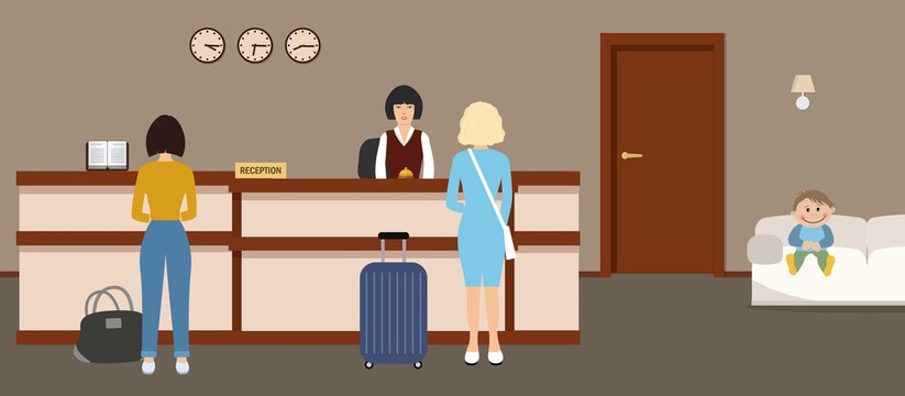 Hotel reception. Young woman receptionist stands at reception desk, in the lobby are also visitors. Travel, hospitality, hotel booking concept. Vector illustration
