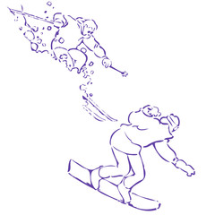 Two sketched figures of a snowboarder and a skier skiing in powder snow.
