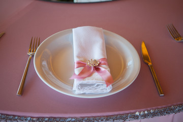 Table appointments in restaurant. Wedding preparation