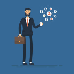 the man use smartphone. Flat social media and network concept. connection between people