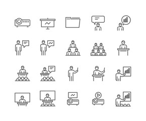 Simple Set of Business Presentation Related Vector Line Icons. Contains such Icons as Presenter, Teacher