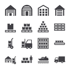 Set of warehouse logistic storage vector black icons