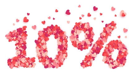 Valentines Day 10 percents discount mape from hearts confetti isolated on white background