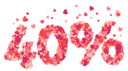40 percent vector number made from pink and red confetti hearts