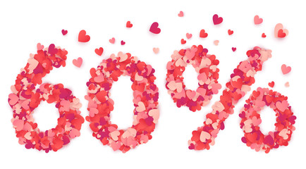 60 percent vector number made from pink and red confetti hearts