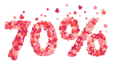 70 percent vector number made from pink and red confetti hearts