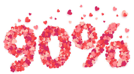 90 percent vector number made from pink and red confetti hearts