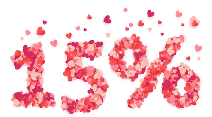 15 percent vector number made from pink and red confetti hearts