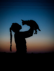 Silhouette of young girl and her little dog on sunset