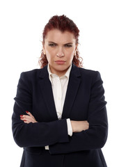 Angry businesswoman on white