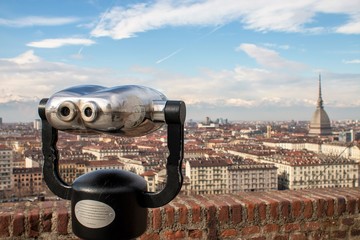 Turin (Torino), Italy - February 15, 2017: View of Binocular and Turin city center behind in winter 