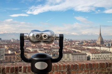 Turin (Torino), Italy - February 15, 2017: Tourist binocular and Turin city center 