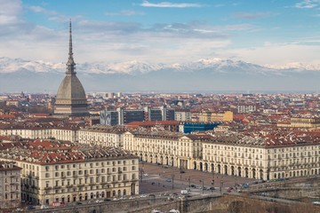 Fototapeta na wymiar Turin (Torino), Italy - February 15, 2017: View of Turin city center with landmark of Mole Antonelliana