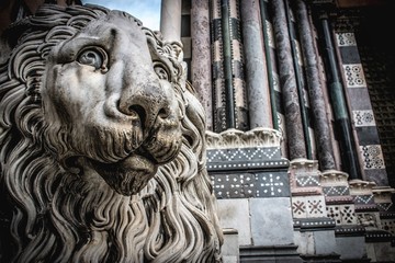 Genoa (Genova), Liguria, Italy - February 19, 2017: Lion Statue Cathedral San Lorenzo / Sculpture...