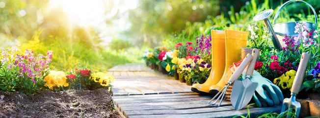 Selbstklebende Fototapete Garten Gartenarbeit - Werkzeugset für Gärtner und Blumentöpfe im sonnigen Garten