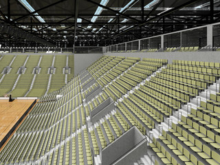 Beautiful sports arena for basketball with gray green seats and VIP boxes