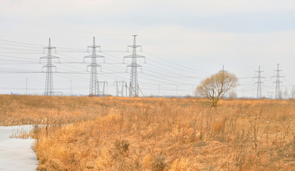 Power line in the countryside at early spring.